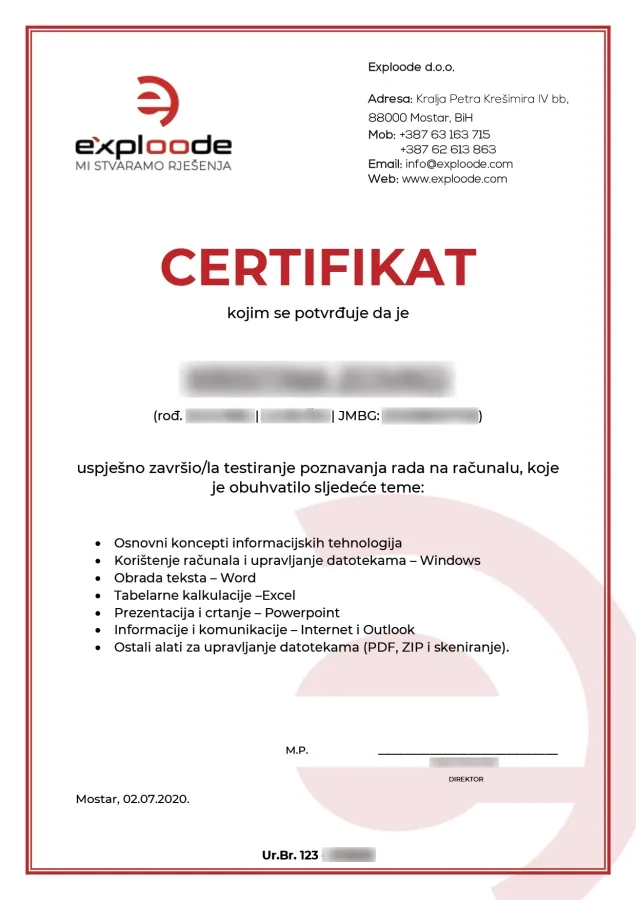 Primjerak certifikata o poznavanju rada na računaru