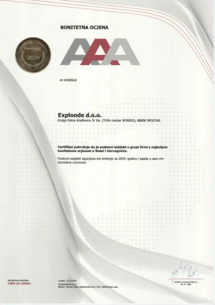 Exploode d.o.o. - AAA bonitetna ocjena 2024